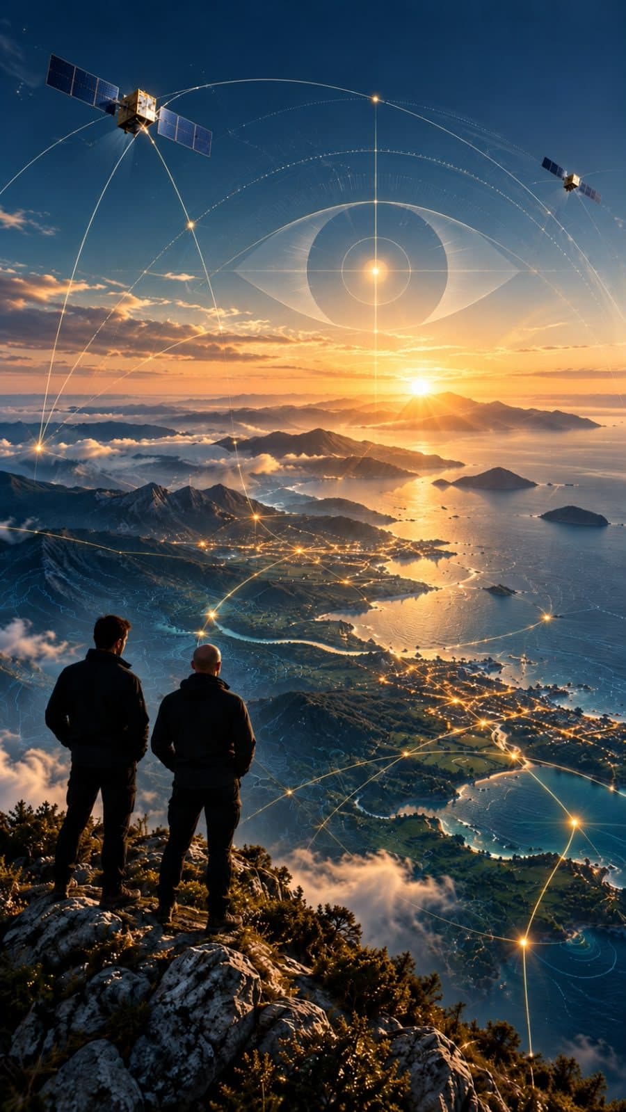 Dos personas observan desde un cerro la costa al atardecer, con trazos de satélites sobre el paisaje